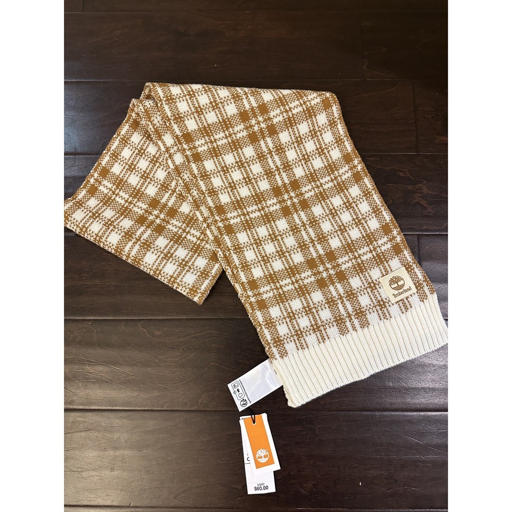 Timberland Scarf Buffalo Plaid Caramel Brown & Cream NWT 10" x 68"